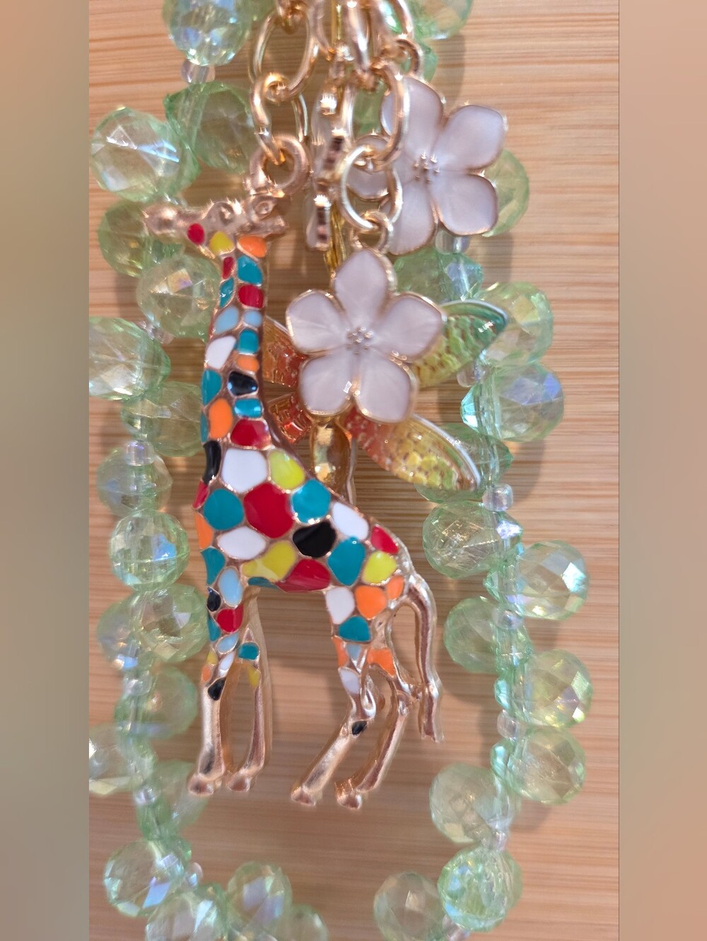 Whimsical Enameled Giraffe Dragonfly Bag Charm Keychain Green Beaded Wristlet - Picture 4 of 16